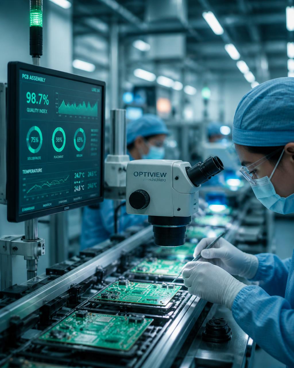 Precision electronics assembly line with live quality metrics on a manufacturing floor